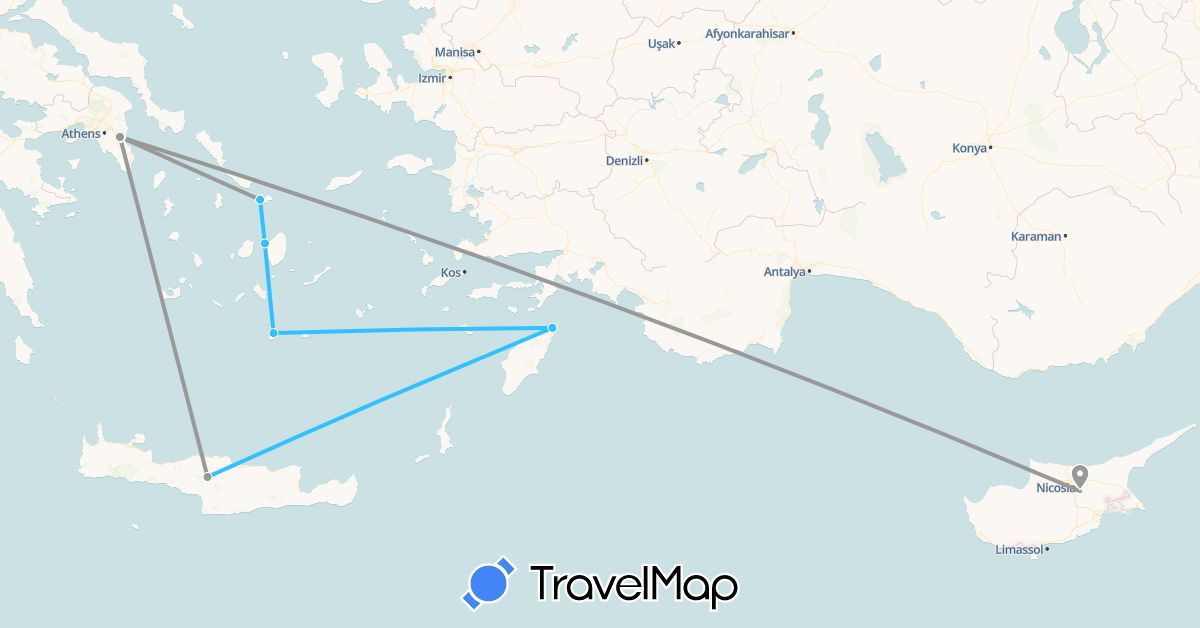 TravelMap itinerary: driving, plane, boat in Cyprus, Greece (Asia, Europe)